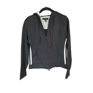 Context, women’s black, white striped full zip jacket size petite medium